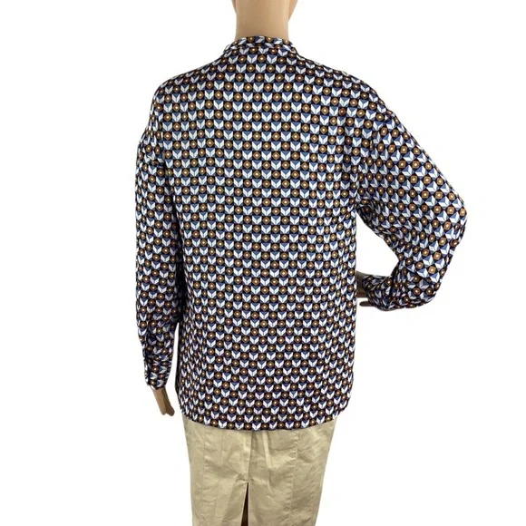 ZARA Geometric Print Button Down Blouse Blue Brown Small - Picture 5 of 7